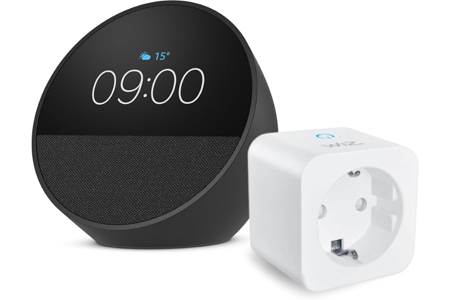 Amazon Echo Spot (neueste generation) | Schwarz + WiZ Smart Plug, Funktionert mit Alexa - Smart Home-Einsteigerpaket