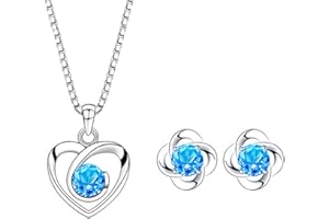 Josfeva Jewellery Sets for Women, 925 Sterling Silver Pendant Necklace & Stud Earrings Sets with Blue Cubic Zirconia, Heart Clover Jewellery Set Gifts for Christmas Birthday Valentines Birthday
