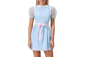 WangsCanis Women Grady Twins Costume Short Puff Sleeve Halloween Blue Doll Dress Sister Twins Cosplay Lolita Mini Dress