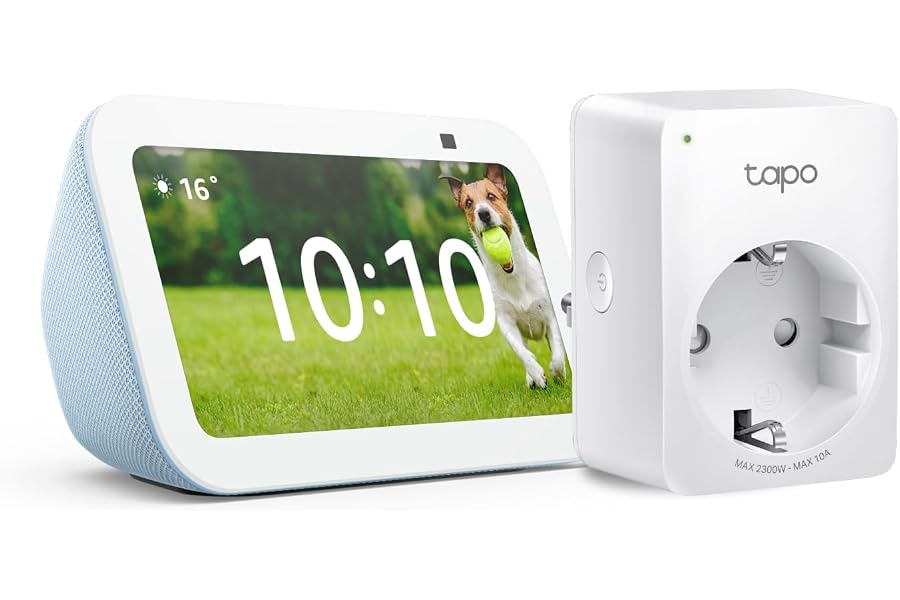 Echo Show 5 (3. Gen.) | Graublau + TP-Link Tapo P110MA WLAN-Steckdose mit Energieverbrauchskontrolle, Funktionert mit Al