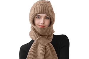 CheChury Bonnet Tricoté Écharpe et Bonnet Coupe-Vent avec Protection Auditive Intégrée Chapeaux Echarpe Chaud Capuche 2 en 1 Femmes Bonnet avec Cache-Cou Épais Bonnets Écharpe Femme Hiver Accessoires