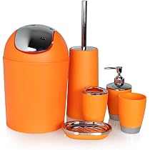 SPRINGOS Set di 6 accessori da bagno con elementi in bambù, dispenser per sapone, portasapone, scopino per WC con contenitore