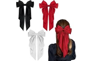 Ewwtrey 3 Pcs Hair Bows, Red White Black Bow Hair Clips, Hair Bows for Women Girls Hair Bows Barrettes, Silky Satin French Big Bowknot Hairpin Hair Clips Hair Ribbon, Solid Color Hair Accessories