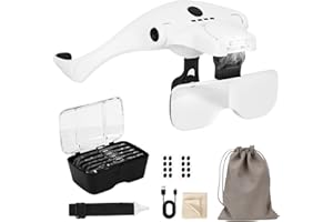 TAVADA Lunette Loupe USB Rechargeable avec 5 Lentilles Détachables(1.0X–3.5X)Loupe Frontale,Lampe Réglable 4 LED,Convient pour la bijouterie,la couture,le modélisme et tous autres travaux de précision