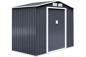GOPLUS Cobertizo de metal, caseta de jardín exterior para almacenamiento, cobertizo para herramientas, con base metálica recortada y puerta corrediza, 277 x 191 x 192 cm, gris y beige
