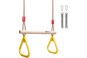 GHB Trapez wielofunkcyjna huśtawka dziecięca, z kółkami gimnastycznymi z tworzywa sztucznego, do zawieszenia, obciążenie do 120 kg, kolor żółty