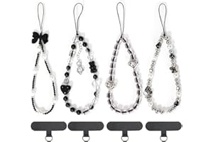 A.S.MARELIS Lot de 4 Bijoux Dragonne de Telephone avec 4 Patchs Universels, Chaine De Telephone Perles, Laniere Telephone Portable, Phone Charm Strap, Phone Case Accessories