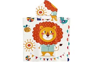 Satiskid Kids Hooded Towel Poncho 65x75cm Children Beach Towel Poncho Towelling Poncho with Hood Boys Girls Bath Towel Bathrobe Hooded Swimming Towels Kids Pool Beach Changing Robe (White- Lion)