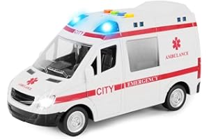 BAKAJI Ambulanza Giocattolo Bambini con Movimento a Frizione Sirena Funzionante con Luci e Suoni Portiere Laterali e Posteriori Apribili Camion Curato in Ogni Dettaglio