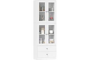 HOMCOM Alacena de Cocina Alta, Mueble Auxiliar de Cocina, con 4 Puertas de Vidrio, 2 Cajones, Estantes Ajustables, 59x30x170 cm, Blanco
