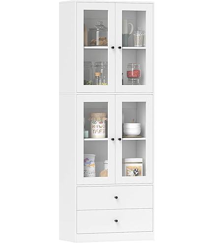 Buffet Haut Cuisine HOMCOM 6 Portes, 2 Tiroirs - Vaisselier Rustique Blanc, étagères Réglables, 94x39,5x175,2 Cm