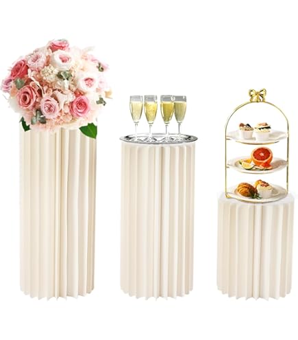Lot De 3 Supports à Fleurs En Carton Pliables - Hauteurs 40, 60, 80 Cm, Avec Plaques Acryliques 30 Cm, Pour Décoration Mariage Ou événement