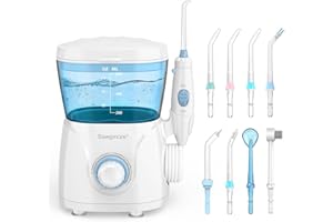 Sawgmore Jet Dentaire Hydropulseur, Hydropulseur Dentaire Professionnel avec 8 Busettes Multifonctionnelles, 10 réglages de pression d'eau, 600ML Irrigateur Dentaire Pour Les soins Familiaux Blanc