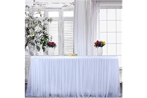 MeiYeAE Tüll Tischrock L427*H77cm Lang Weiss Handmade Tütü Tischröcke mit Falten für Kindergeburtstag Bankett Candy Party Hochzeit Geburtstagsfeier Candy Bar Baby Dusche Tischdecken Dekoration
