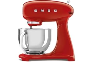 Smeg, Robot Pâtissier SMF03RDEU, 10 Niveaux de Vitesse, Fonction Mise en Marche Progressive, Bol 4,8 L, Verrouillage Moteur de Sécurité, 3 Batteurs, Crochet et Couvercle Fournis, 800W, Rouge
