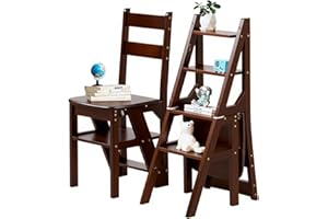 RIBANEDY Silla Escalera Plegable 3 en 1 de Madera Sólida, Taburete Escalonado Convertible y Estante de Exhibición, Escalera Multifuncional de 4 Niveles, para el Hogar, Cocina, Biblioteca (Color Nogal)