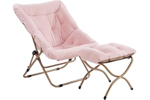 ‎TIITA Tiita Untertassenstuhl mit Ottomane, weicher übergroßer Klappstuhl aus Kunstfell, weicher pelziger Loungesessel, Mondstuhl mit Metallrahmen für Schlafzimmer, Wohnzimmer, Wohnheim, Garten und Hof