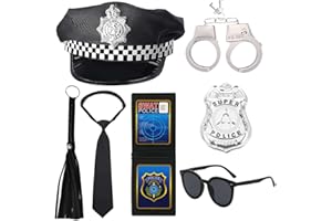 SHDIEHJFMLDH 7 Pezzi Polizia Costume Accessori Set,Accessori Poliziotto Cappello Poliziotto Manette Distintivo Polizia Occhiali da Sole per Costume di Poliziotto Feste in Maschera Poliziotto Cosplay Accessori