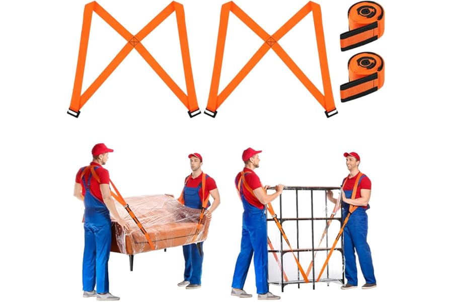 URAQT 2-Person Lifting Straps, 2 Pcs Anti-Slip Moving Straps, Orange, 4.5 cm Width, 800 lbs Load Capacity, Compatible with Various Vehicles