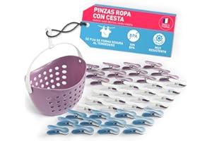 culiclean 40 Pinzas con Cesta para Tender Ropa Que No Dejan Marca – Cesta Pinzas Ropa Tender – Plástico Resistente y BPA-Free – Fabricado en Francia – Soft Clip, Violeta-Azul-Blanco, Cesta Violeta