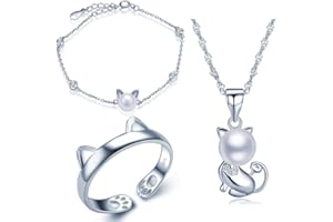Yumilok Naszyjnik damski z wisiorkiem w kształcie kotka, łańcuszek damski z wisiorkiem w kształcie kota, pierścionek damski, pierścionek, biżuteria, łańcuszek z perłą, cyrkonia, srebro wysokiej próby 925, dla kobiet i dziewcząt
