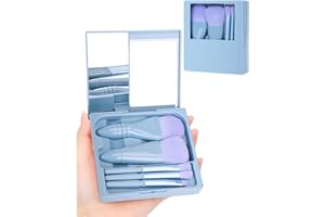 PGRODE Travel Size Makeup Brushes Mini Set with Hard Case and Built-in Mirror, 5Pcs Small Cosmetic Brushes, On the Go Brush Travel Essentials kits for Women, Girls Gift (Sky Blue)