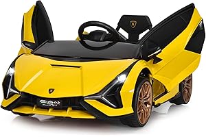 COSTWAY 12V Lamborghini Kinder Elektroauto mit 2,4G-Fernbedienung, Kinderauto 3-5km/h mit MP3, Radio, Musik und LED-Scheinwerfer, für Kinder von 3-8 Jahren (Gelb)