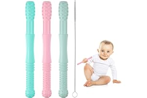 HOPTON Beißröhrchen, Silikon Beissring Baby, BPA-frei, Zahnungshilfe, Greifling, Beißring, Unisex (3 Pack, mit 3 Reinigungsbürsten)