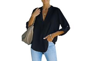 NONSAR Elegancka bluzka damska z dekoltem w serek Henley, zwijane rękawy, luźna bluzka