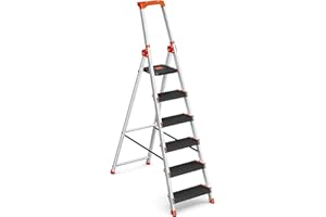 SONGMICS Escalera de 6 Peldaños, Escalera de Aluminio con Peldaños de 12 cm de Profundo, Plegable, Bandeja y Pies Antideslizantes, Carga de 150 kg, Negro y Naranja GLT06BK