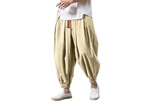 BIISDOST Pantaloni baggy da uomo, in stile harem/giapponese, in cotone e lino, con elastico in vita, pantaloni casual per tempo libero, casa, yoga, lunghi, traspiranti, ampi, disponibili in taglie forti.