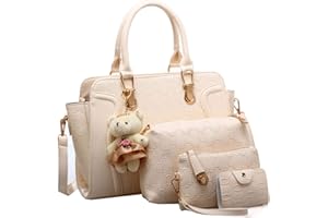 FiveloveTwo Women Tote Satchel Shoulder Bag PU Top Handle Bag Clutch Card Holder with Bear Ornaments