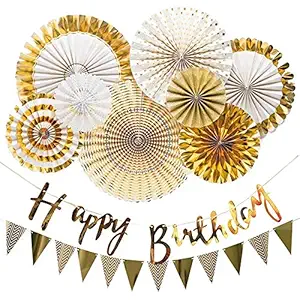 Party Propz Paper Birthday Decoration Items for Husband,Girl Or Boy-10Pcs/ Gold Paper Fan Hanging Decorations Set with Gold Happy Birthday Banners and Pennant Banner for Bday Decorative Supplies Materials