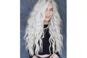 PORSMEER Damen Perücke Weiß Lang Lockige Perücken für Frauen, Natürlich Mittelscheitel Lange Locken Haar, Anime Cosplay Halloween Wigs 28 Zoll
