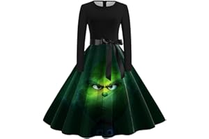 GENERISCH Grinch Kostüm Vintage Weihnachtskleid Damen Swing A Linie Kleid Grinch Merch Langarm Rundhals Cocktailkleid Kleid Weihnachten Elegant 1950s Druck Abendkleid Midikleid Grinch Kleid
