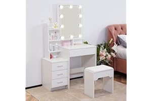 LEMROE Tavolo da toeletta Hollywood con specchio LED e sgabello, tavolo da trucco in ecopelle con 7 ripiani e 4 cassetti, per donne e ragazze, mobili moderni per camera da letto (4 cassetti)