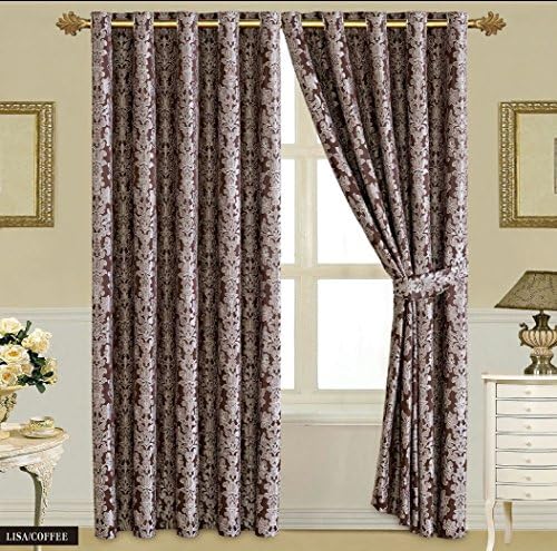Luxurious Diana Heavy Jacquard Fully Lined Ready Made Ring Top Curtains (90"W x 90" L, Diana Coffee)