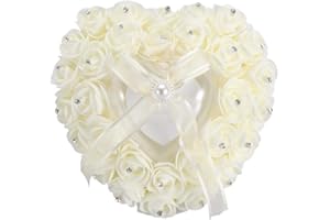 Nikou Wedding Ring Pillow, Heart Shape Wedding Ring Box Rose Rhinestone Decor Luxury Romantic Soft Ring Pillow Cushion Portable Wedding Favors (Beige)
