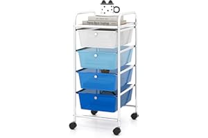 COSTWAY Estantería Baño, Carrito Auxiliar con Ruedas, Organizador Baño con Estructura de Metal, Carro Auxiliar con Cajones de Pástico Extraíbles, para Cocina, Baño, Oficina (4 Cajones, Azul Degradado)
