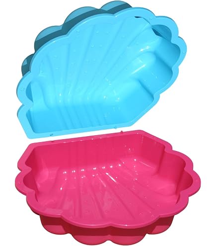 Bac à sable et à eau, en forme de coquillage, pataugeoire, 2 pièces, en plastique, avec couvercle, gris/rose avec étoiles de mer