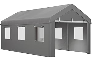 Outsunny Tente Garage carport dim. 6L x 2,95l x 2,78H m Acier galvanisé Robuste PE Haute densité 160 g/m² imperméable Anti-UV, 2 Portes enroulables et 6 fenêtres