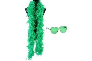 QUALIS Colourful Thick Feather Boa With Coloured Heart Sunglasses | ABBA Fancy Dress Costume Feather Boas Multipack | 6.6ft Feather Boa And Heart Glasses | Green