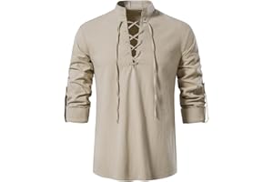 PADOLA Camisa Medieval de Lino para Hombre Camisa Retro con Cordón Henley Camisas Estilo Hippie Traje de Pirata