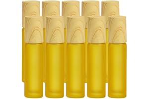 Enenes Ätherische Öle Roller Flaschen 10 Stück 10ml Anti-UV Roller Schwarzglasflaschen mit Holzdeckel & Edelstahl-Roller Ball Ätherische Öle(Gelb)
