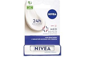 ‎NIVEA NIVEA Med Repair Nawilżająca pomadka do ust z masłem shea, pielegnującymi olejkami i witaminami SPF 15; 4,8 g