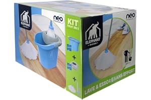 ELEPHANT ÉLÉPHANT Maison - Kit Neo Power - Seau, Essoreur & Balai Espagnol - Tête à Franges Microfibre - Essorage Automatique Sans Effort - Plastique Recyclé - Compatible Toutes Franges - Fabriqué en France