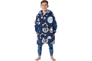 Dreamscene Space Print Boys Fleece Hoodie Oversized Soft Sherpa Fleece Throw Cosy Wearable Blanket Kids Big Jumper Childrens - Navy Blue, One Size Fits All