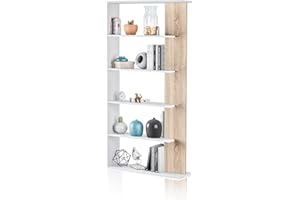 duehome | Estantería 5 baldas, Librería Comedor, Salon, Modelo Opal, Acabado en Color Blanco Artik y Roble Canadian, Medidas: 180 cm (Alto) x 90 cm (Ancho) x 25 cm (Fondo)