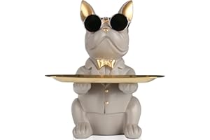 QIANLING Statua del vassoio del bulldog francese grigio - con vassoio in acciaio inossidabile, vassoio portaoggetti salvadanaio con chiave di caramella