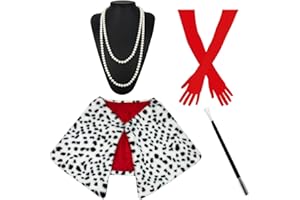 ATAYOU Halloween Women Costume Accessories Set, Long Red Gloves, White Black Dotted Shawl, Cosplay Holder and Pearl Necklace